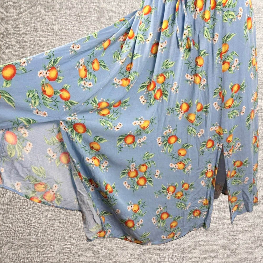 Torrid Midi Dress 2 Blue Orange Fruit Flower Blossom Cottagecore Milkmaid Boho - Picture 5 of 12